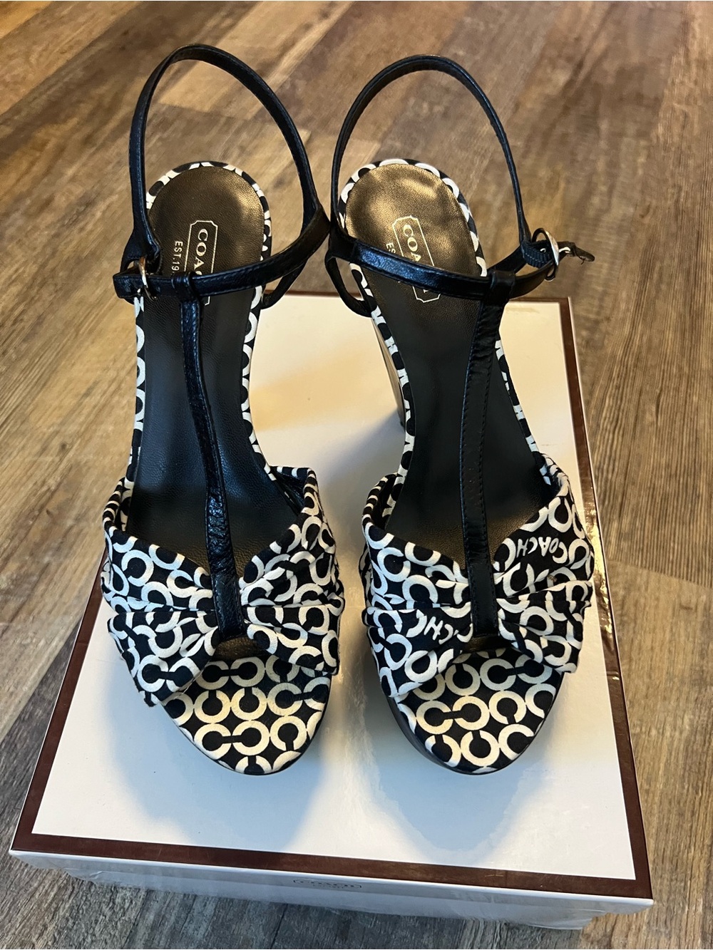 Coach Black and White Signature T-Strap Heels with Knot Detail